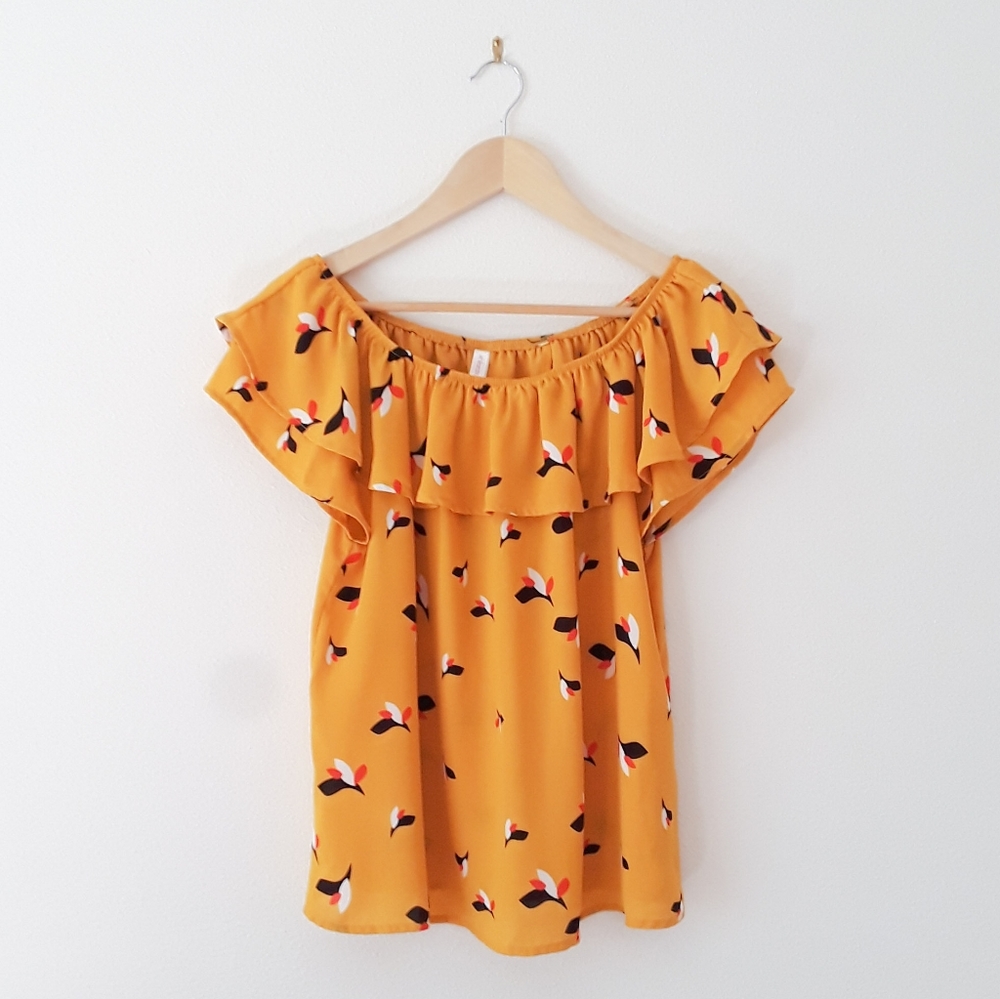 Mustard yellow off the shoulder open back blouse
